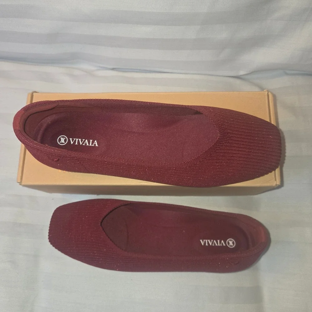 Vivaia Margot 2.0 Sparkle Burgundy Square Toe Knit Flats EU 39 Us 8